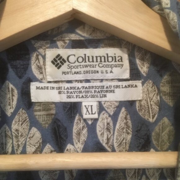 Columbia Vintage Leaf Print Button Up Short Sleeve Shirt Linen Rayon Blend XL - Picture 3 of 5